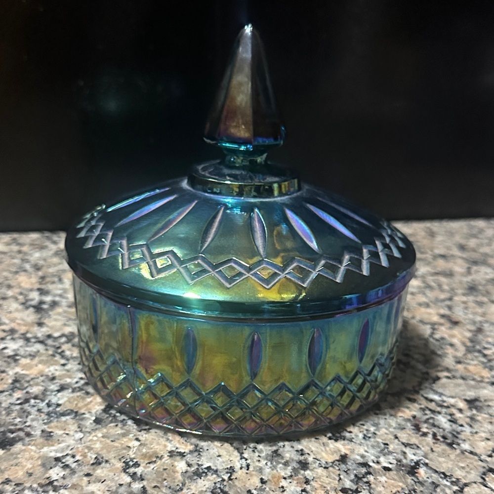 Vintage Iridescent Blue Carnival Glass Candy Dish